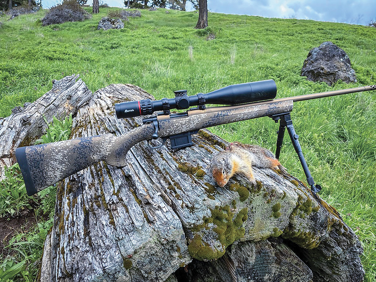 The Fence Line 22 ARC received a Burris Veracity 5-25x 50mm scope set in cheap 30mm rings that allowed a decent cheek weld while also avoiding scope contact with the rifle. The illuminated FFP RCT-MOA reticle proved ideal for varmint sniping.